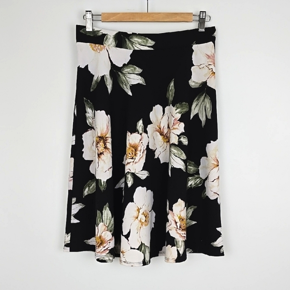 Faith and Joy Women's Black Large Cream Floral A-Line Midi Skirt Flowy M